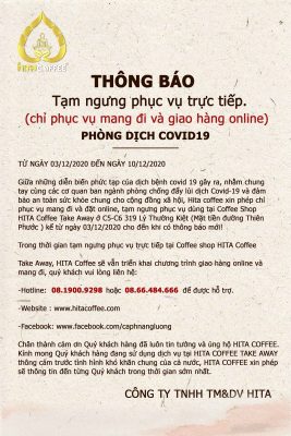 THÔNG BÁO TẠM ngưng phục vụ trực tiếp tại HITA Coffee Take Away 20